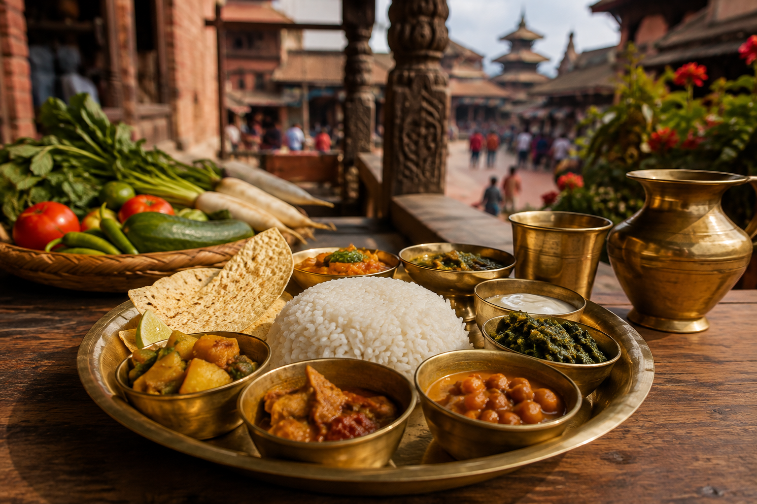 Traditional Nepali meal with local dishes in a cultural courtyard setting