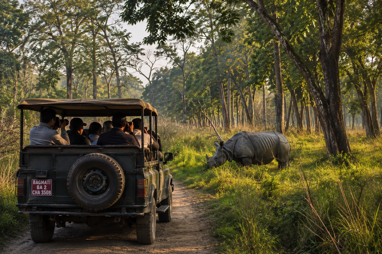 Safari jeep observing a one-horned rhinoceros in chitwan national park