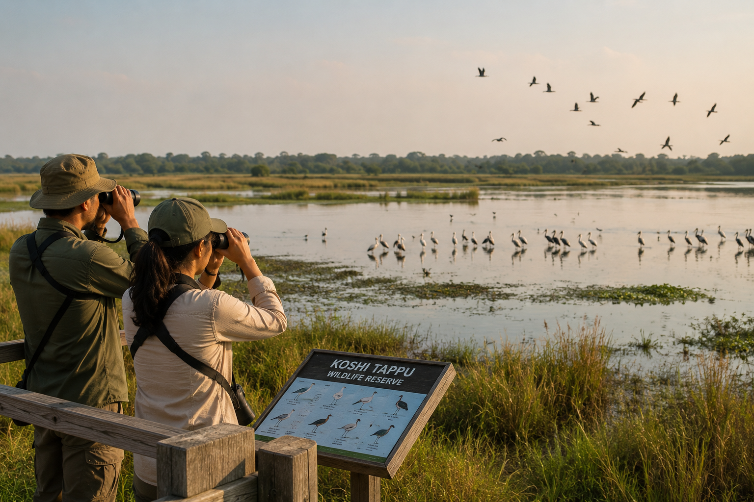 Birdwatchers observing wetland birds at Koshi Tappu Wildlife Reserve in Nepal